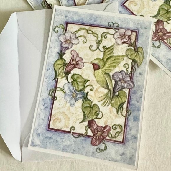 Set of 5 FLORAL HUMMINGBIRD handmade folded blank gift, greeting, journaling, no - Picture 2 of 4